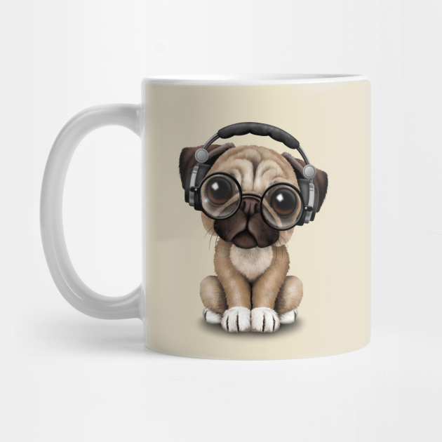 Cute Pug Puppy Dj Wearing Headphones and Glasses Pug Dog Mug